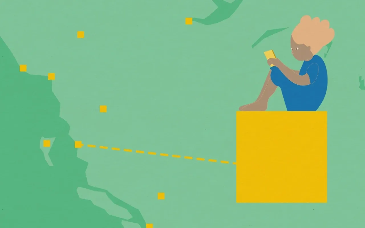 Illustration of a person sitting on a yellow box and looking at their phone, linked by a dashed line to a point on a map.